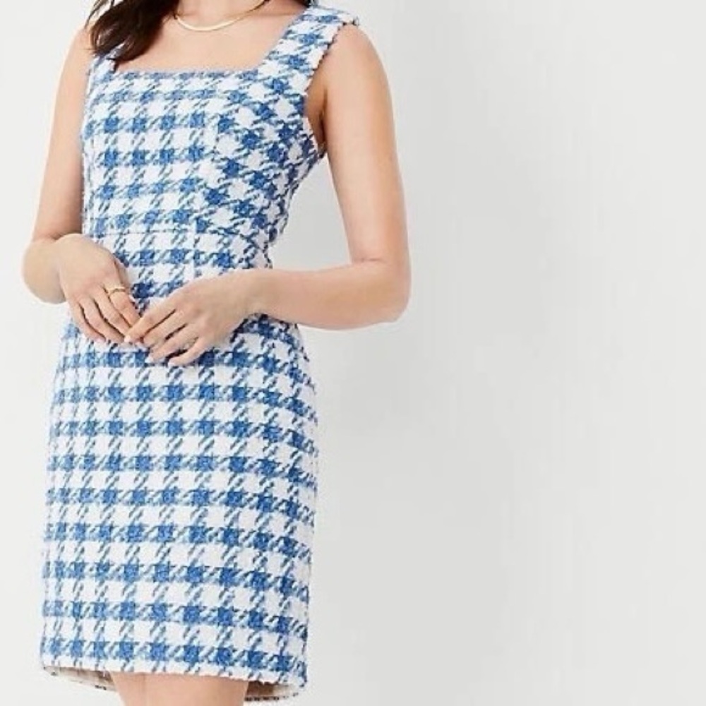 NWT Ann Taylor ‘Square Neck Sheath Dress’ in “Blue & White Houndstooth Tweed” 8